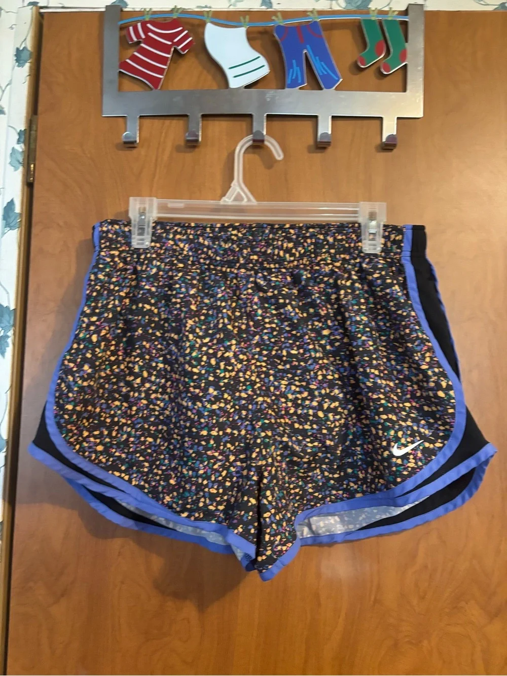 E-1 Nike Black Multicolor Confetti Athletic Shorts with Purple Trim
